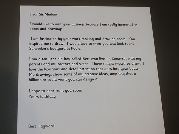 Bert's letter to Sunseeker Yachts