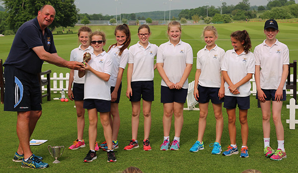 Hazlegrove U12 girls winning the King's Bruton Cricket Festival trophy